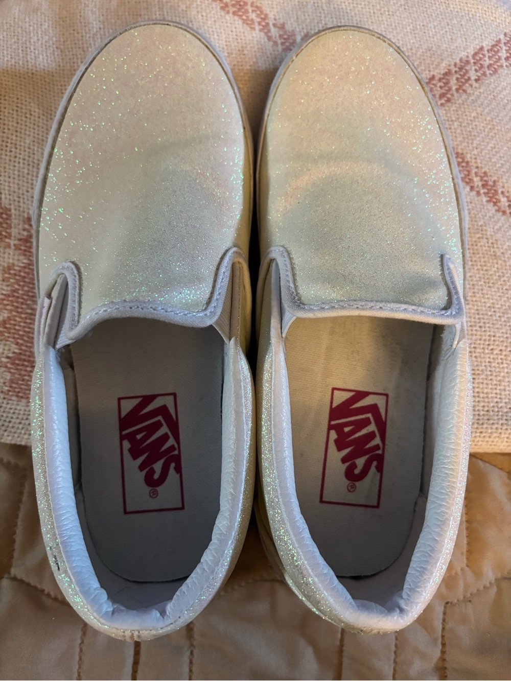Vans Women’s Slip-On Glitter Sneakers in Iridescent White